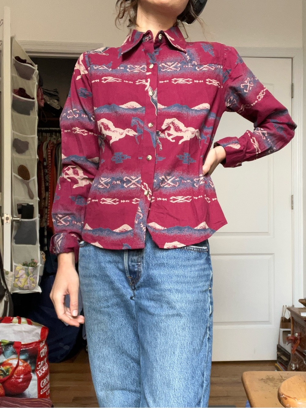 Vintage Burgundy Horse Print Button-Up Shirt flannel